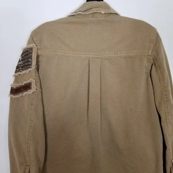 Free People Embellished Military Shirt Jacket Women Sz XS Beige Button Up Boho - Picture 8 of 13